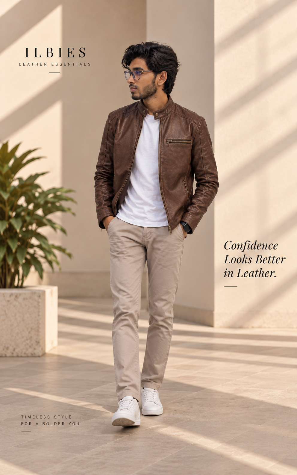 Men's Brown Genuine Leather Jacket | Classic Stand Collar Biker Jacket – ILBIES - Image 5
