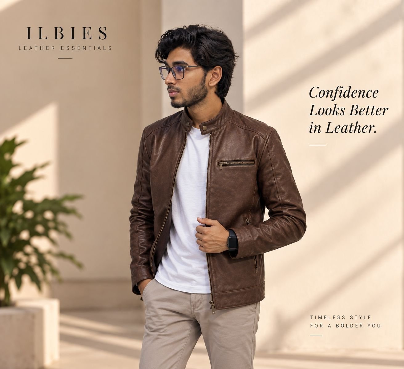 Men's Brown Genuine Leather Jacket | Classic Stand Collar Biker Jacket – ILBIES - Image 4