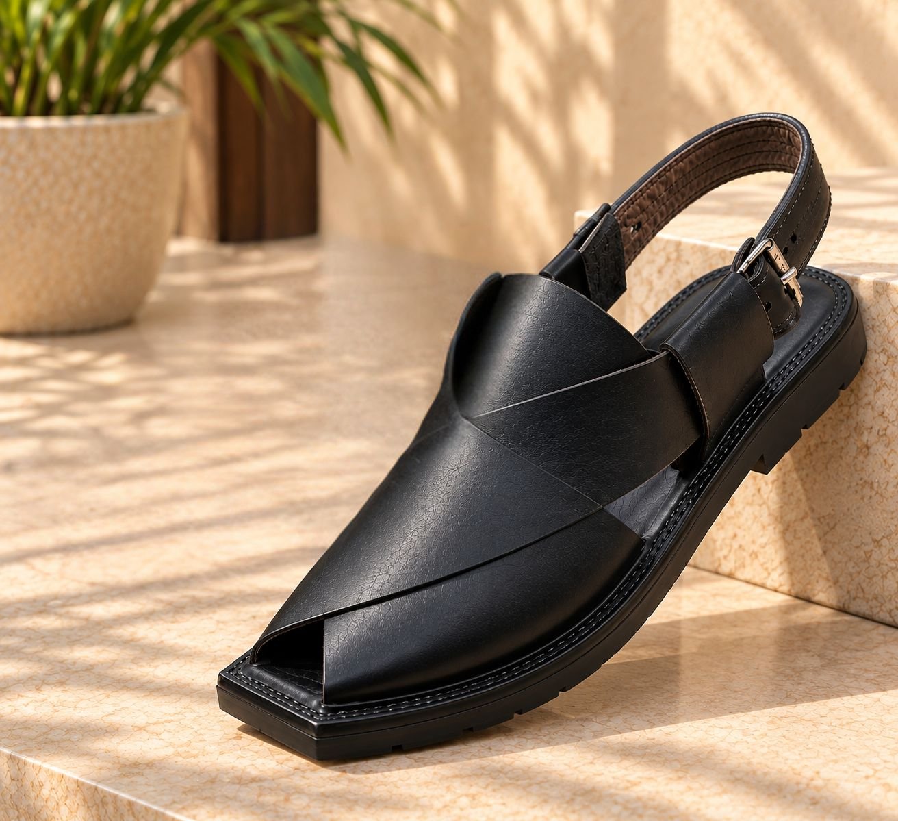 ILBIES Black Leather Peshawari Sandal